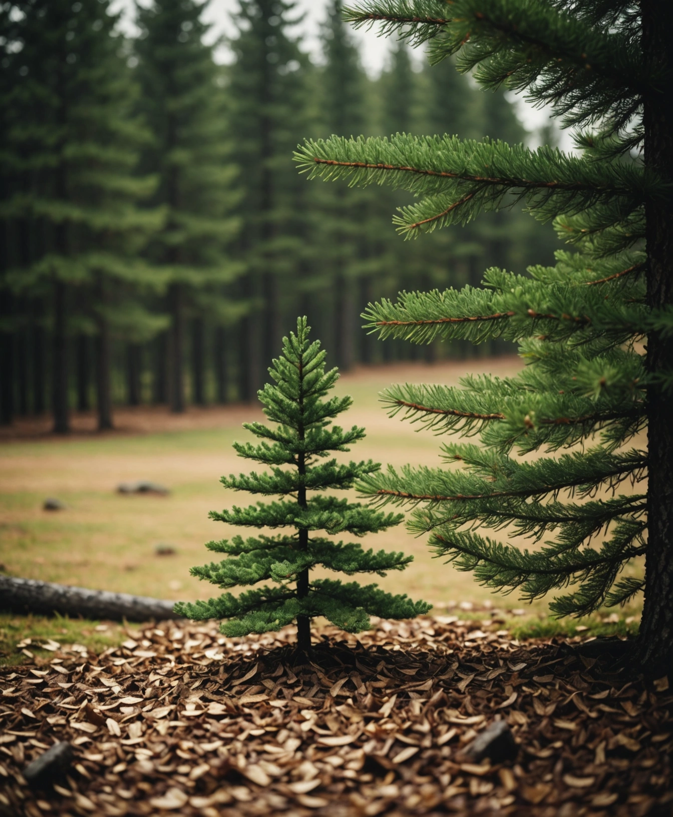 Pine tree silhouette with small bedding of pine chips in the foreground Pine tree silhouette with small bedding of pine chips in the foreground