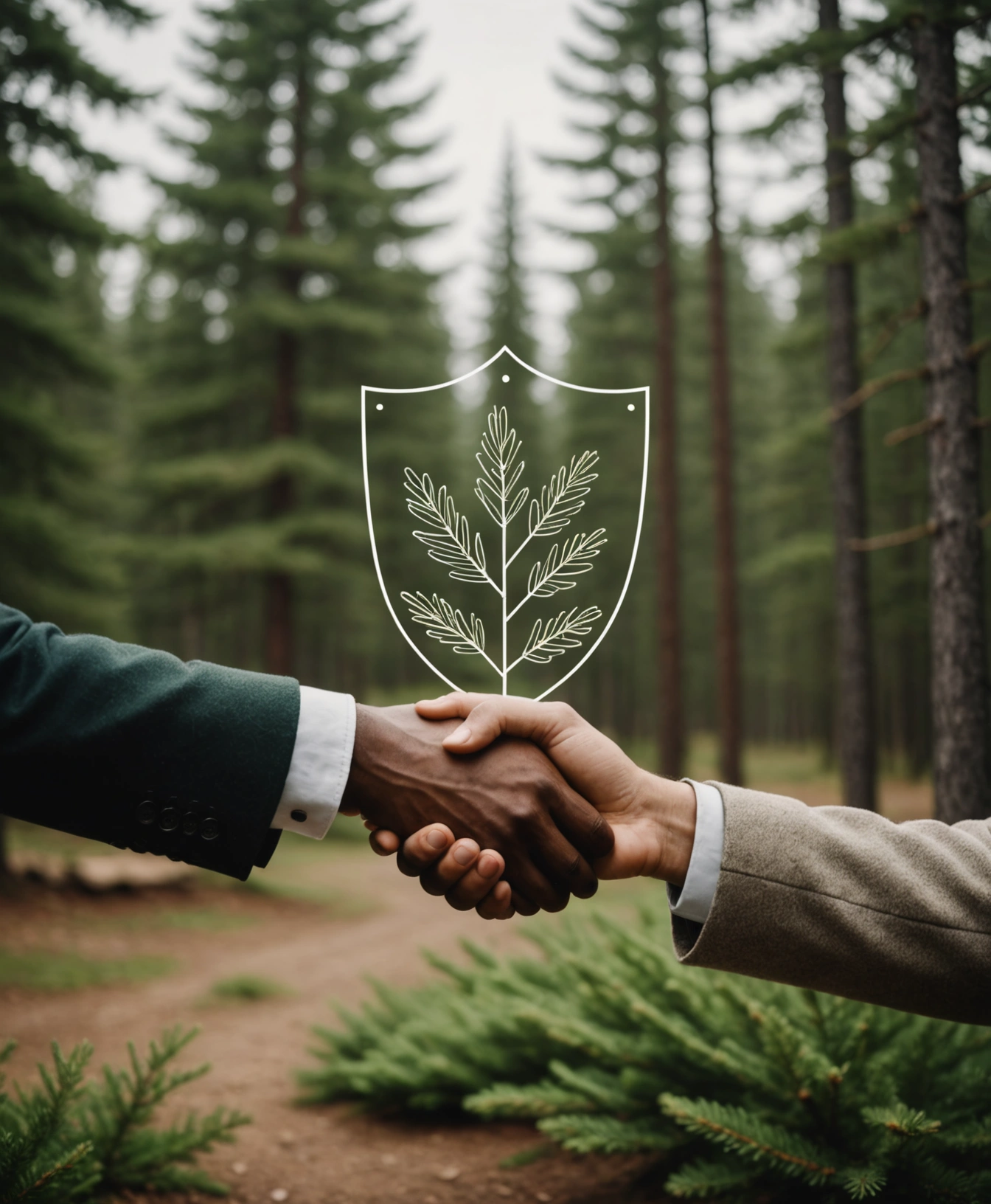 home-5 Handshake depicted inside a shield outline with a pine sprig accent