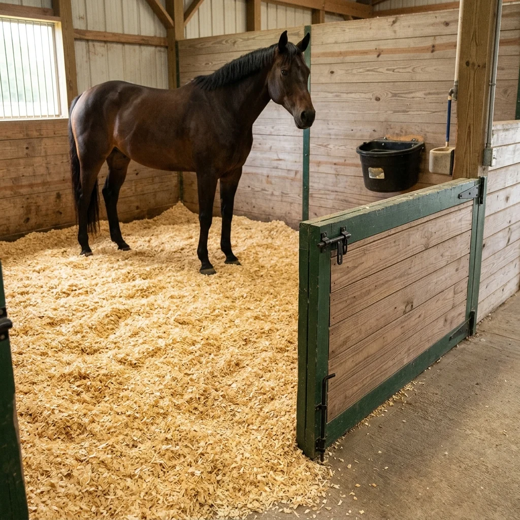 pine-animal-bedding-horse-stall-XJ7MaN A realistic commercial-quality agricultural scene showing fresh pine animal bedding neatly spread in a clean horse